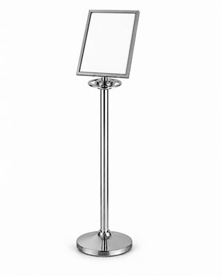 Chrome A4 portrait sign holder with a 15-degree tilt, displayed on a matching chrome queue post