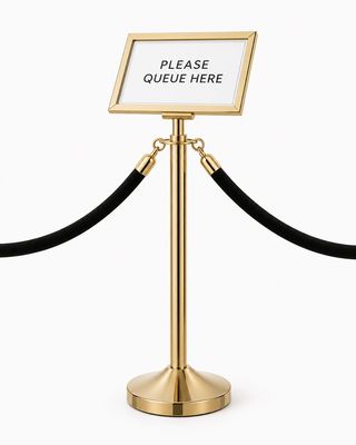 Champagne gold A3 15° angled landscape sign holder mounted on gold queue stanchion