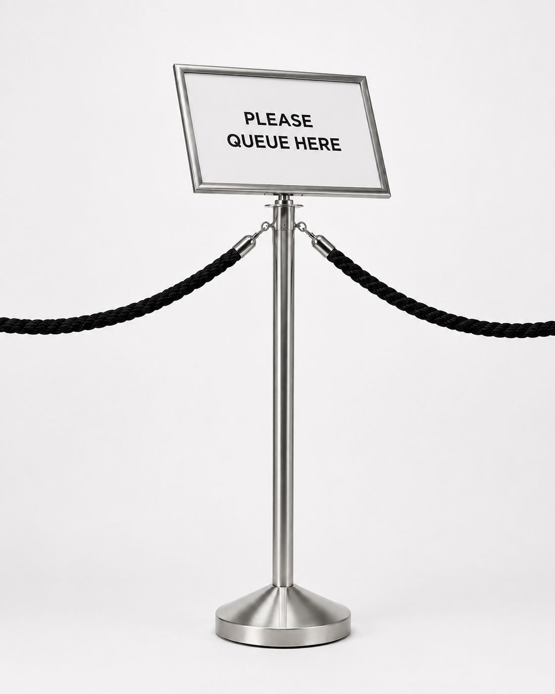 Chrome A3 15° angled landscape sign holder mounted on chrome queue stanchion