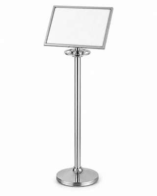 Chrome A3 landscape sign holder with a 15-degree tilt, displayed on a matching chrome queue post
