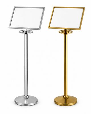 Gold or chrome A3 landscape sign holder with a 15-degree tilt, displayed on a matching gold or chrome queue post