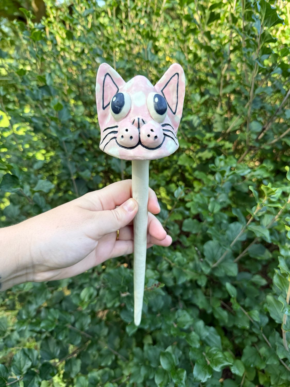 Pink Polka Dot Cat Garden Shroom (Epoxied)