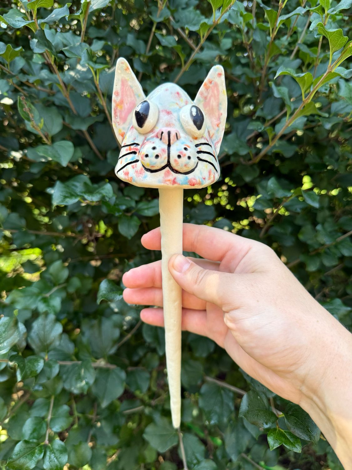 Rainbow Speckle Cat Garden Shroom (Small Dangley, Pink Nose)