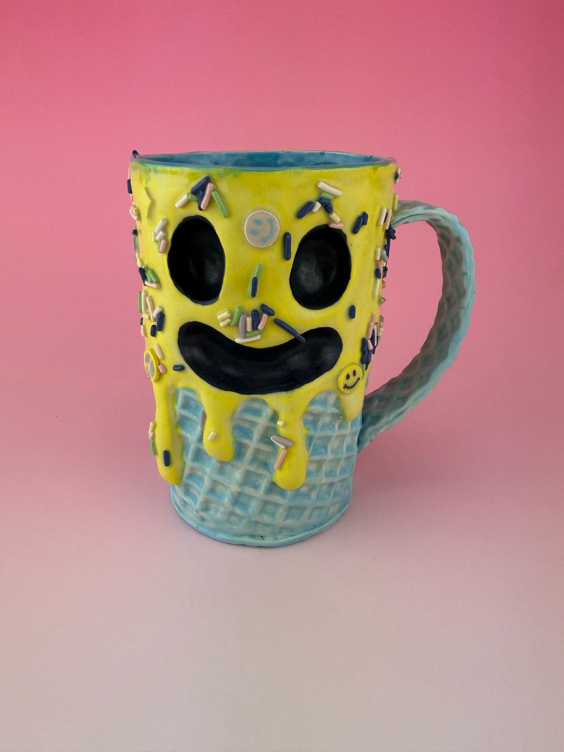 Blue Smiley/Frowney Ice Cream Mug