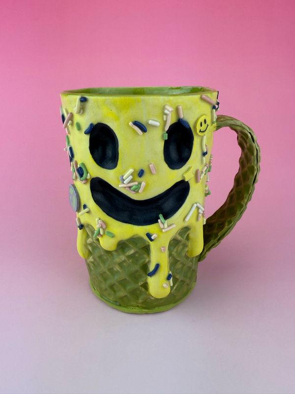 Green Smiley/Frowney Ice Cream Mug