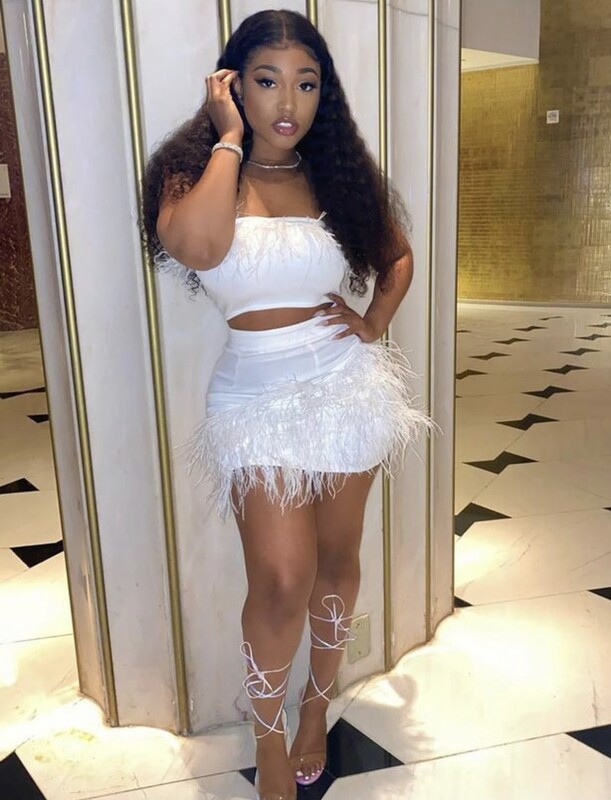 Feather decor strapless two piece skirt set