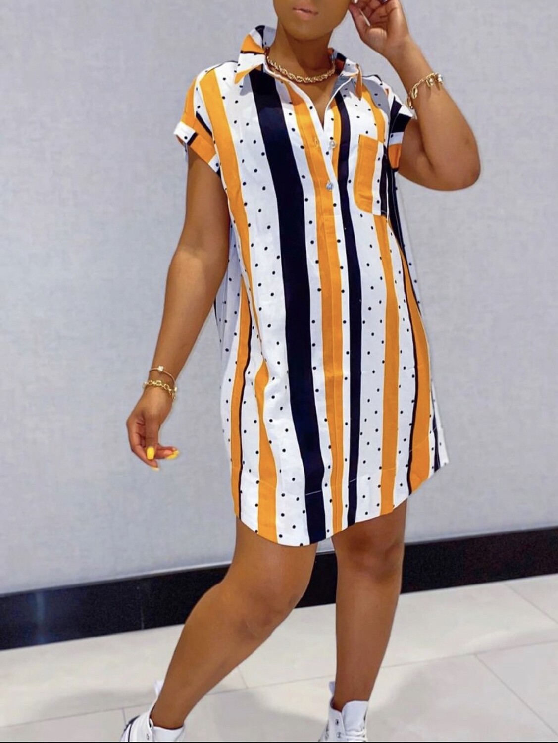 Single-breasted dot striped short sleeve dress