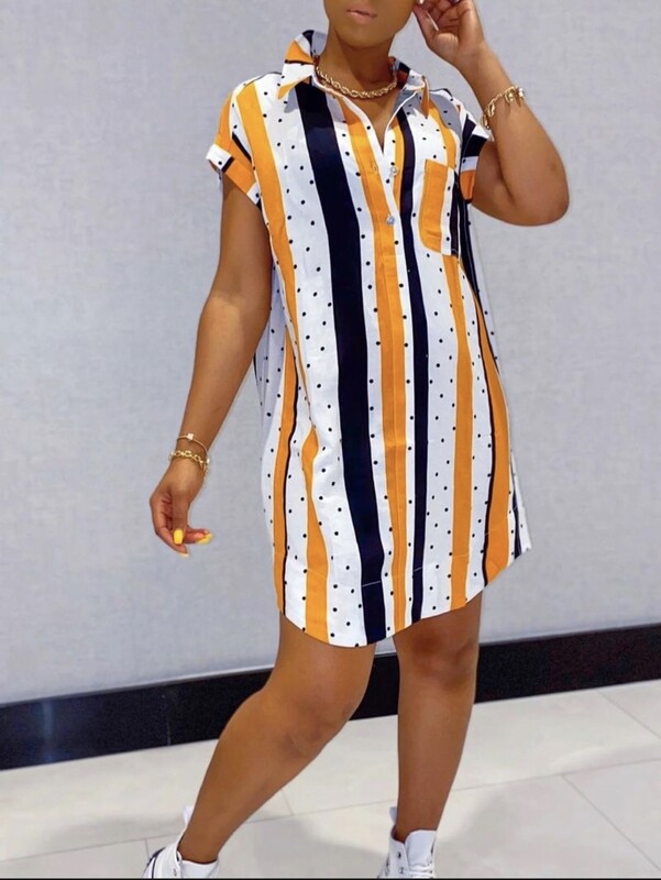Single-breasted dot striped short sleeve dress