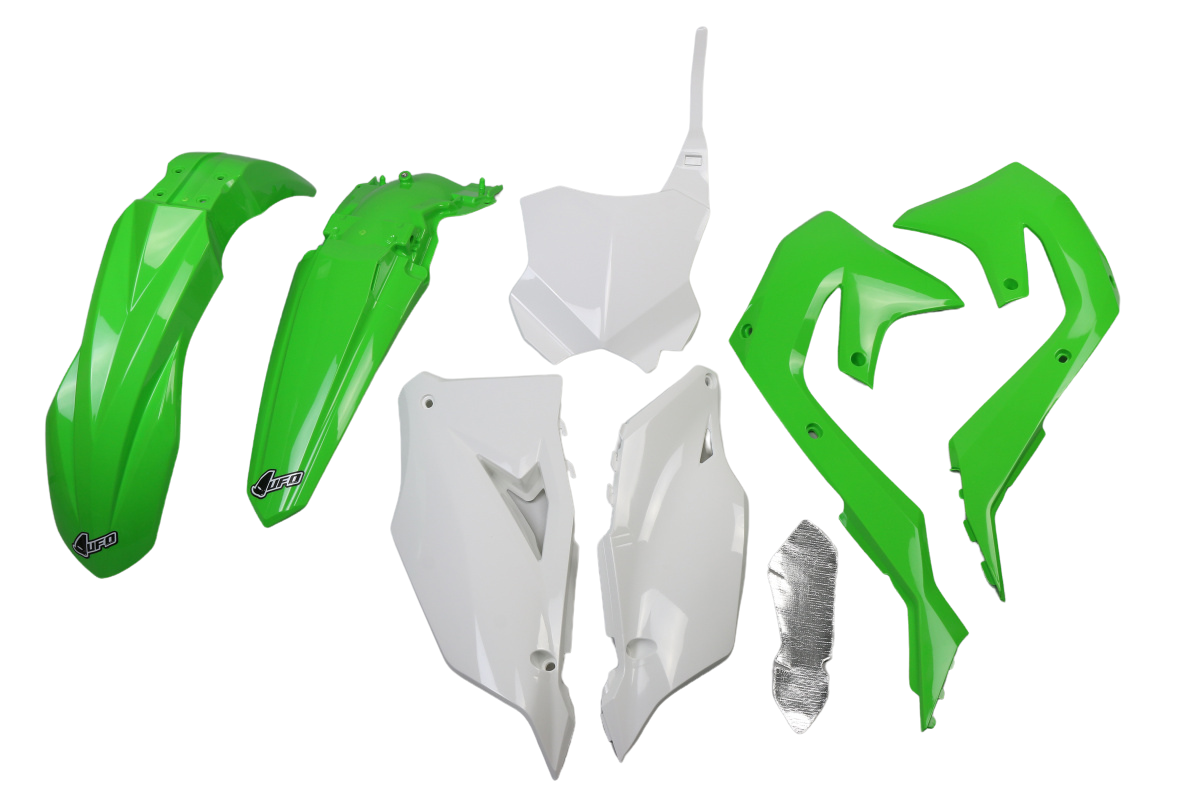 PLASTMASU KOMPLEKTS UFO KAWASAKI KXF250 &#39;21-24 / KXF450 &#39;19-23 ZAĻŠ/BALTS