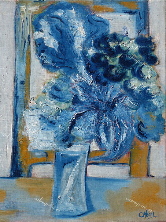 Chaise et bouquet bleu   huile sur toile lin  40 x 30