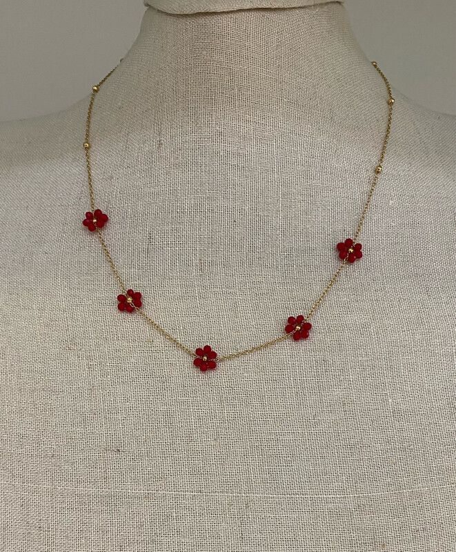 Collar acero flor rojo