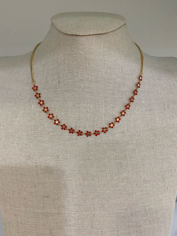 Collar acero esmaltado rojo flores