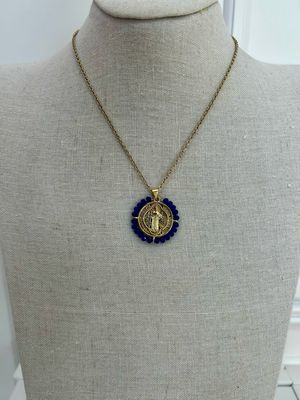 Collar acero medalla San Benito azul