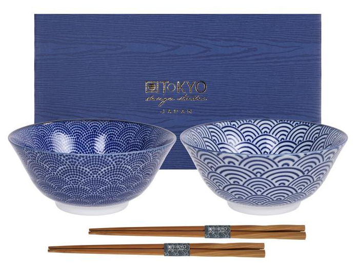 Nippon Blue Tayo Bowl Set2 w / chopst. 15.2x6.7cm Dot/Wave