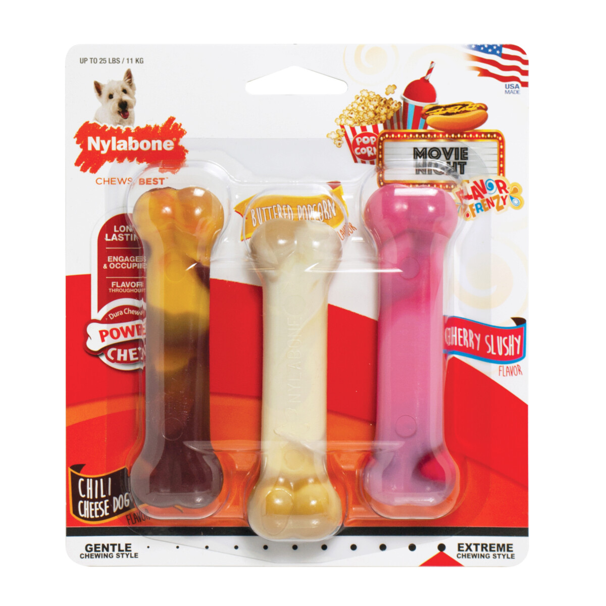Nylabone Flavour Frenzy Power Chew Chilli Cheese Dog, Popcorn & Cherry Slushie Regular 3pk