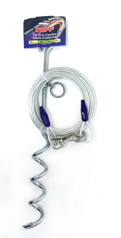 TUFF Tie-Out Stake & Cable Combo Reflective 25', Dogs <60lbs