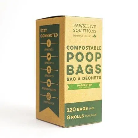 Pawsitive Solutions Compostable Poop Bags Unscented 8 Refill Rolls (120 bags)