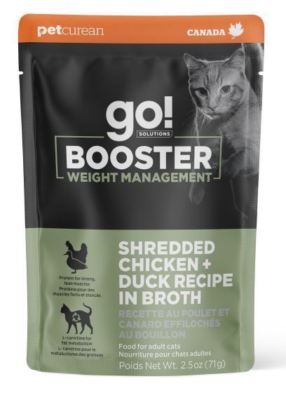 GO! Solutions Booster Weight Management Cat Food Pouch Shredded Chicken & Duck in Bone Broth 71g (12pk)