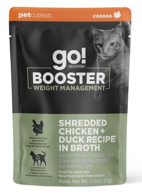 GO! Solutions Booster Weight Management Cat Food Pouch Shredded Chicken & Duck in Bone Broth 71g (12pk)