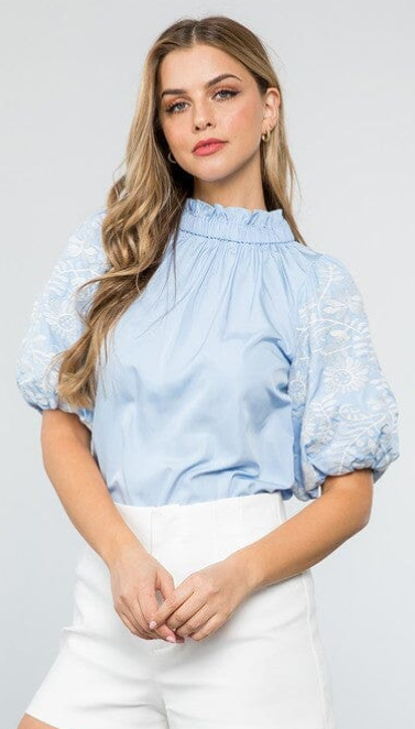 Sky Blue and White Embroidered Sleeve Top