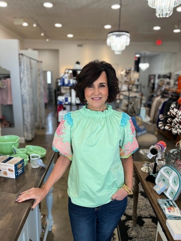 Mint Embroidered Balloon Sleeve Top