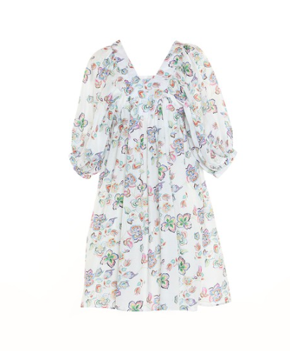 White floral square neck balloon sleeve dress