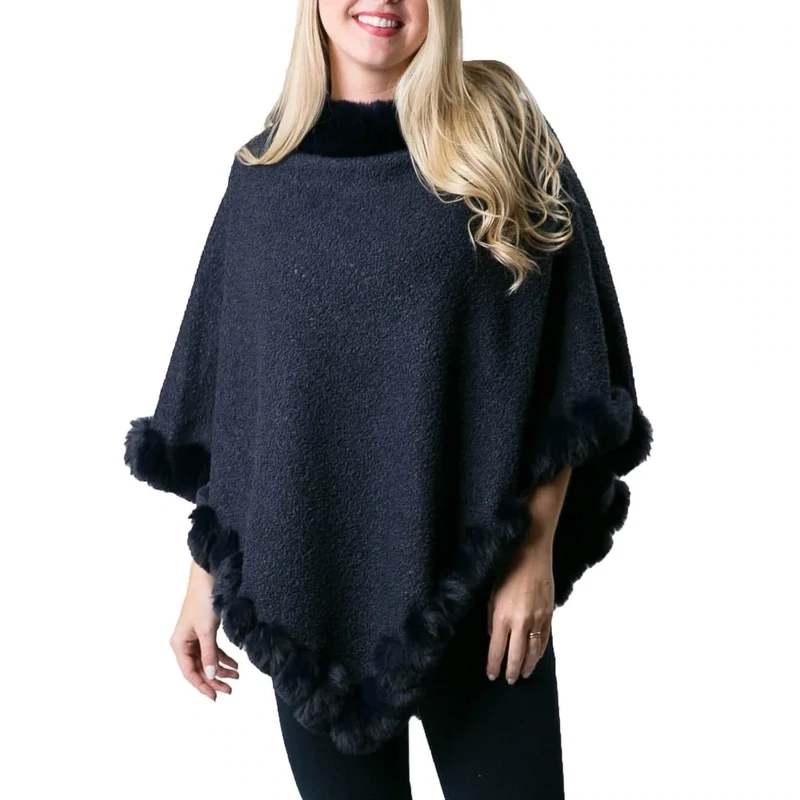 Navy Poncho with Fur