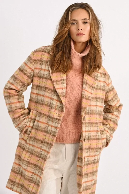 Pink Plaid Mid Length Overcoat