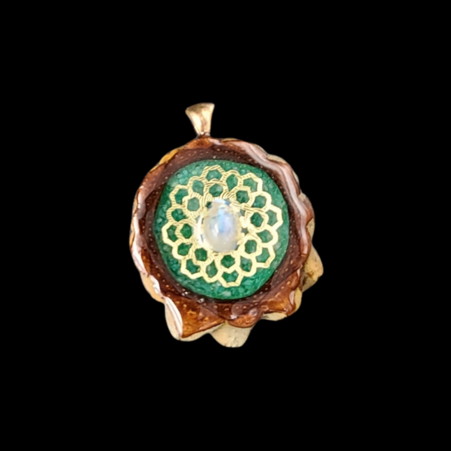 Tame Mane (FL) Resin Pendant - Moonstone / Amazonite w Gold Honeycomb Mandala on Pinecone