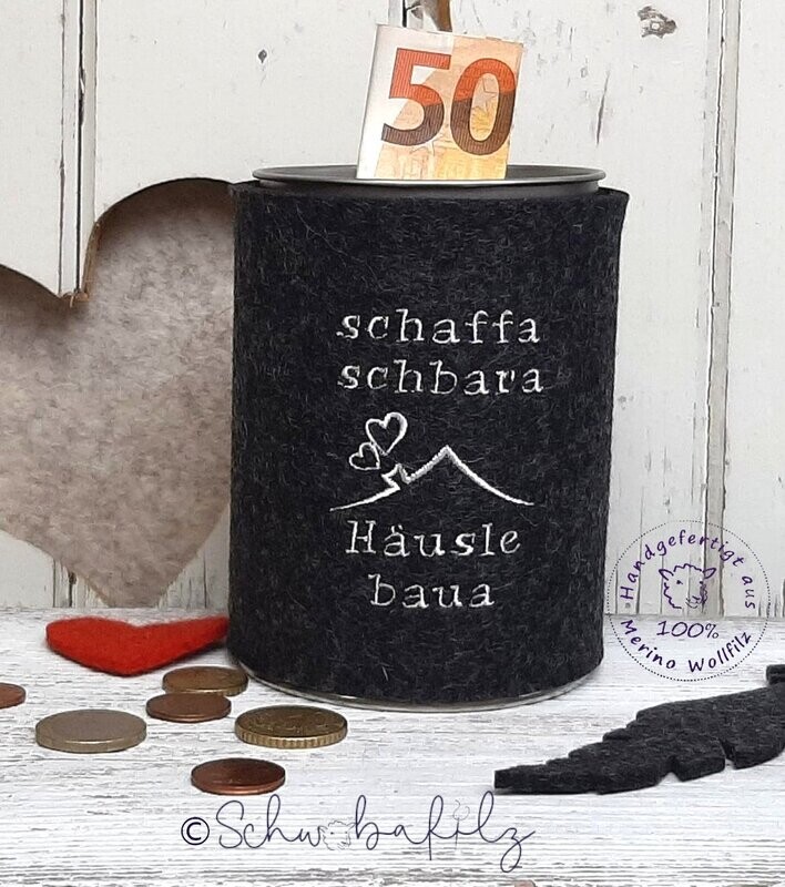 Spardose mit Wollfilzmanschette
bestickt mit Schaffa schbara.....