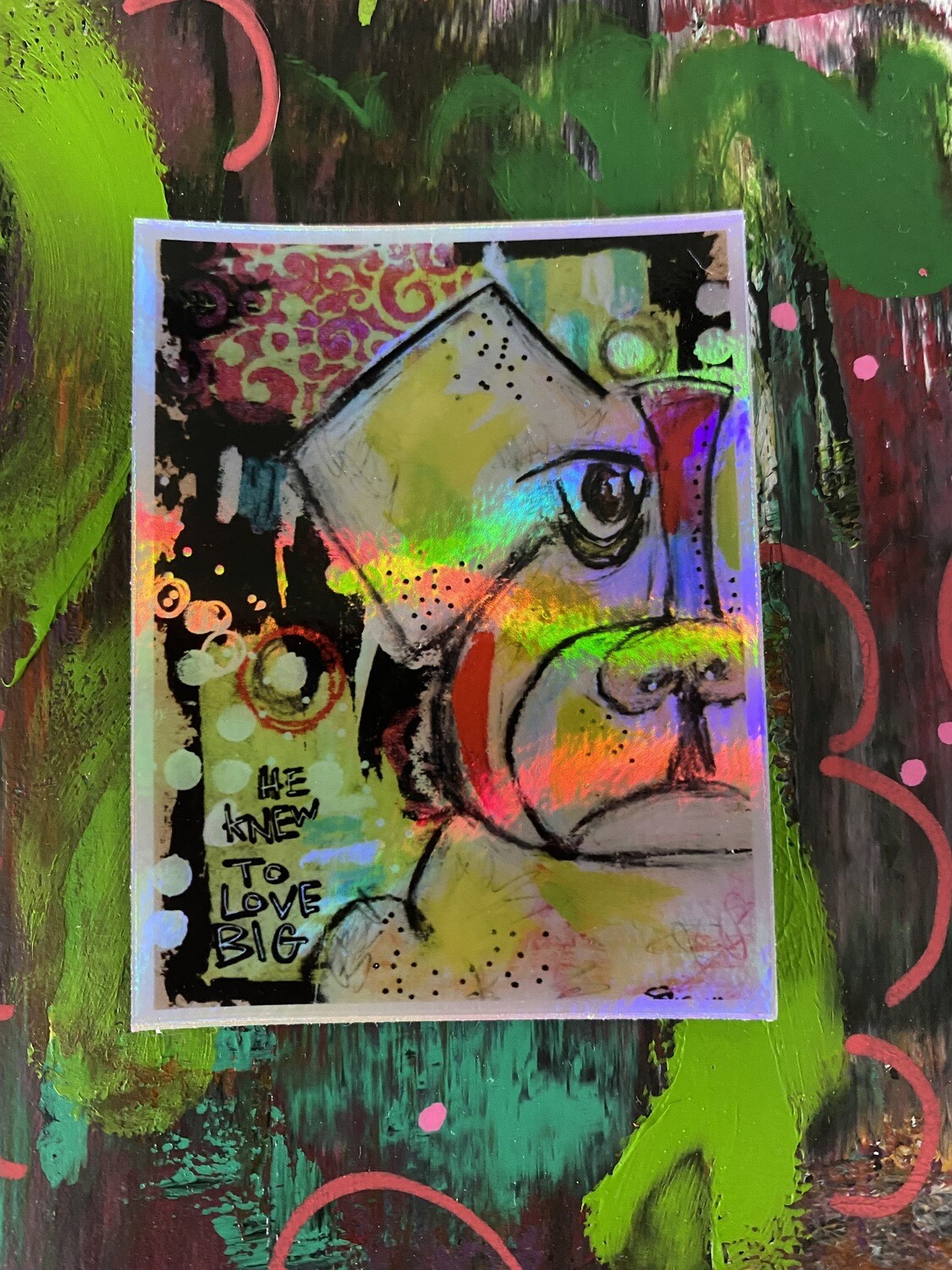 Bulldog Mixed Media Art Holographic Sticker