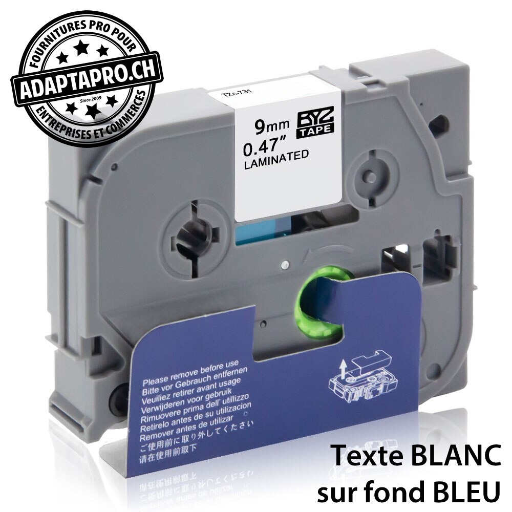 Ruban compatible P-Touch -  9mm * 8m - Blanc sur bleu