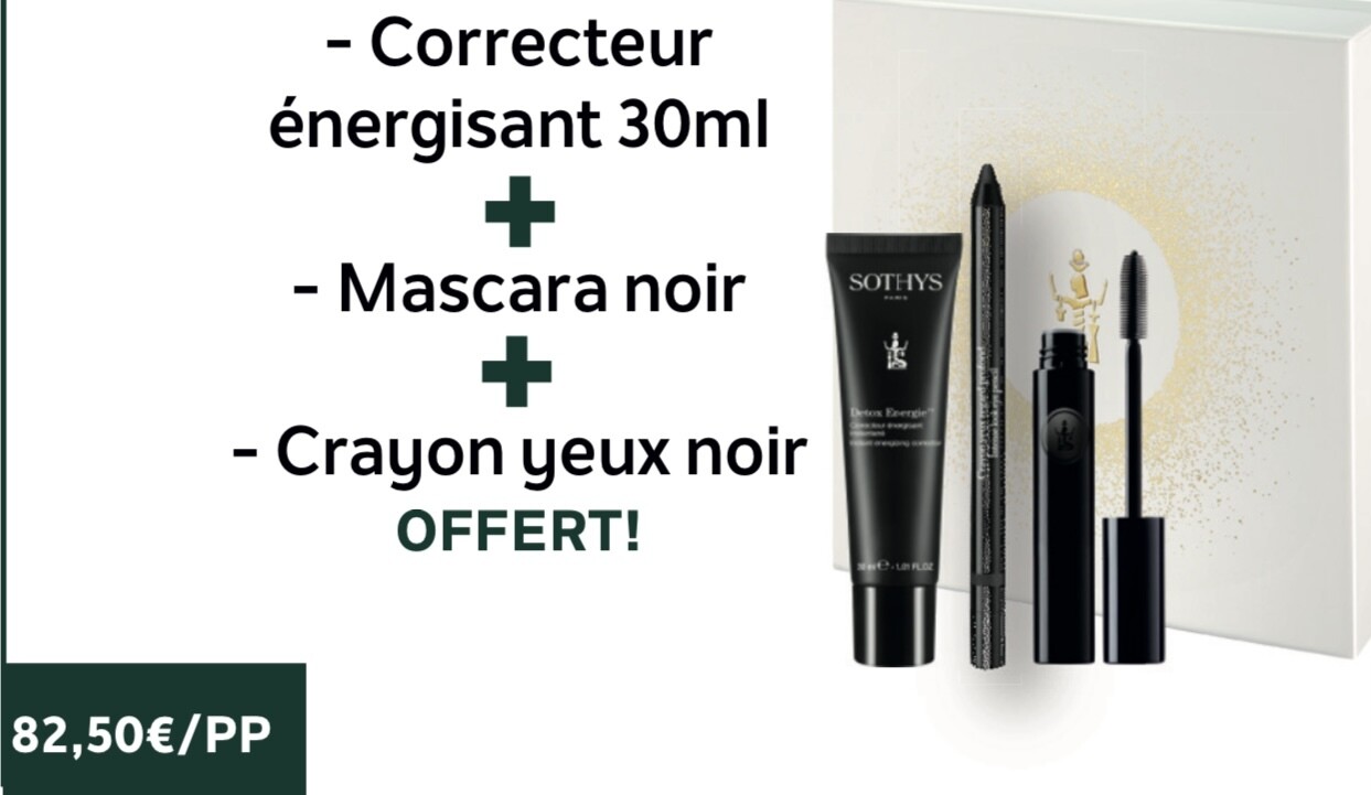 Coffret Maquillage Sothys - Trio de 3 produits - Correcteur Énergisant Instantané 30 ml, Crayon Yeux Regard Profond Noir & Mascara Essentiel Noir