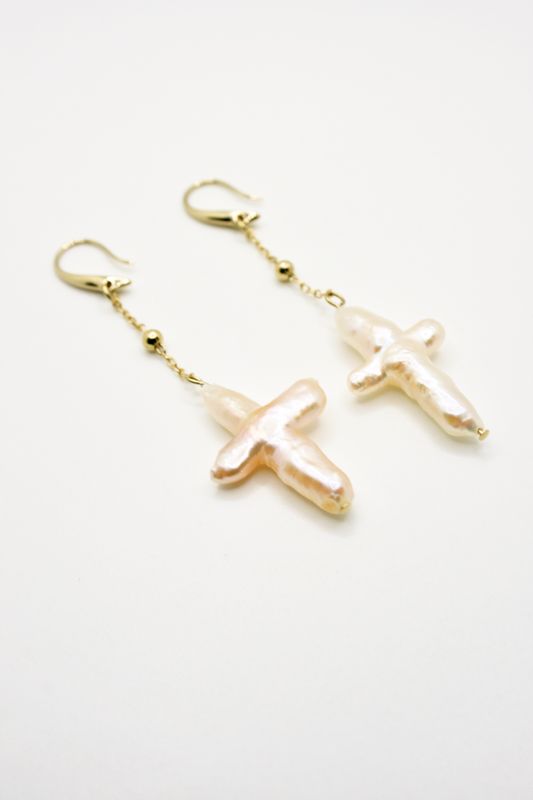 LONG CROSS PEARL EARRINGS
