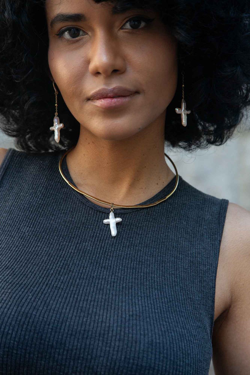 LONG CROSS PEARL EARRINGS