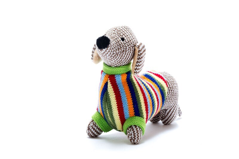 Sausage Dog Rattle - Stripy Knitted
