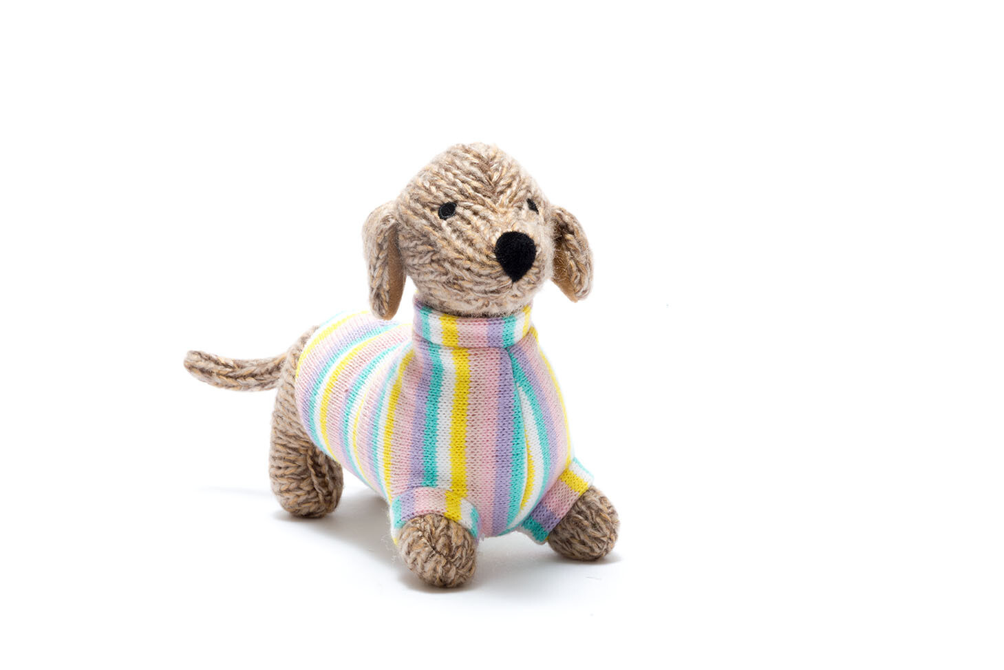 Sausage Dog Toy - Stripy Pastel Knitted Jumper
