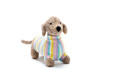 Sausage Dog Toy - Stripy Pastel Knitted Jumper