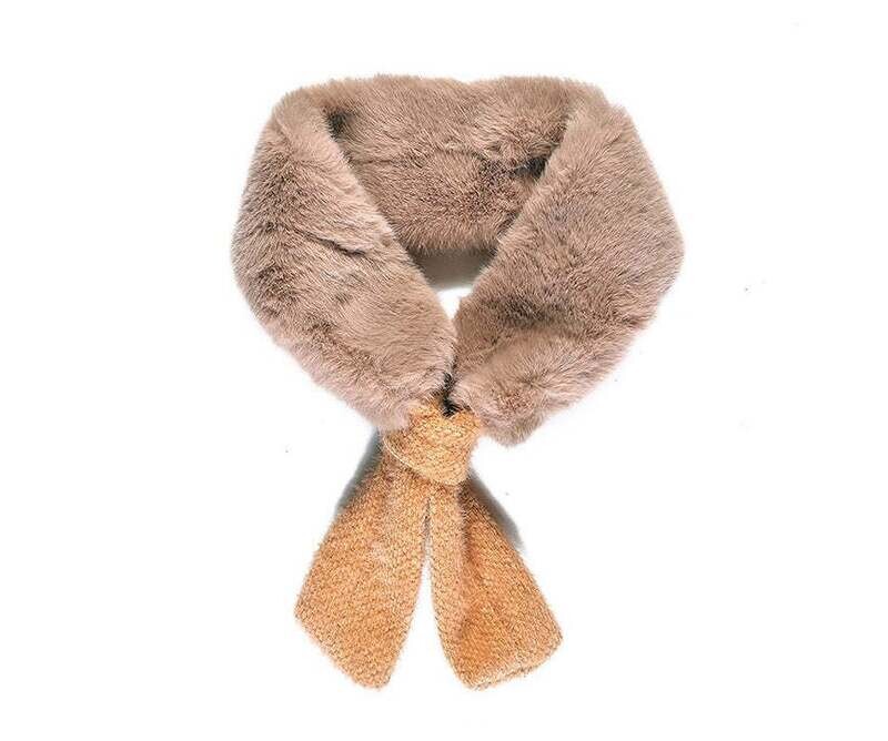 Faux Fur With Knitted Tie Scarf Camel