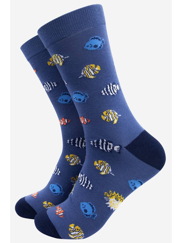 Men&#39;s Tropical Fish Bamboo Socks - Blue (Size 7-11)