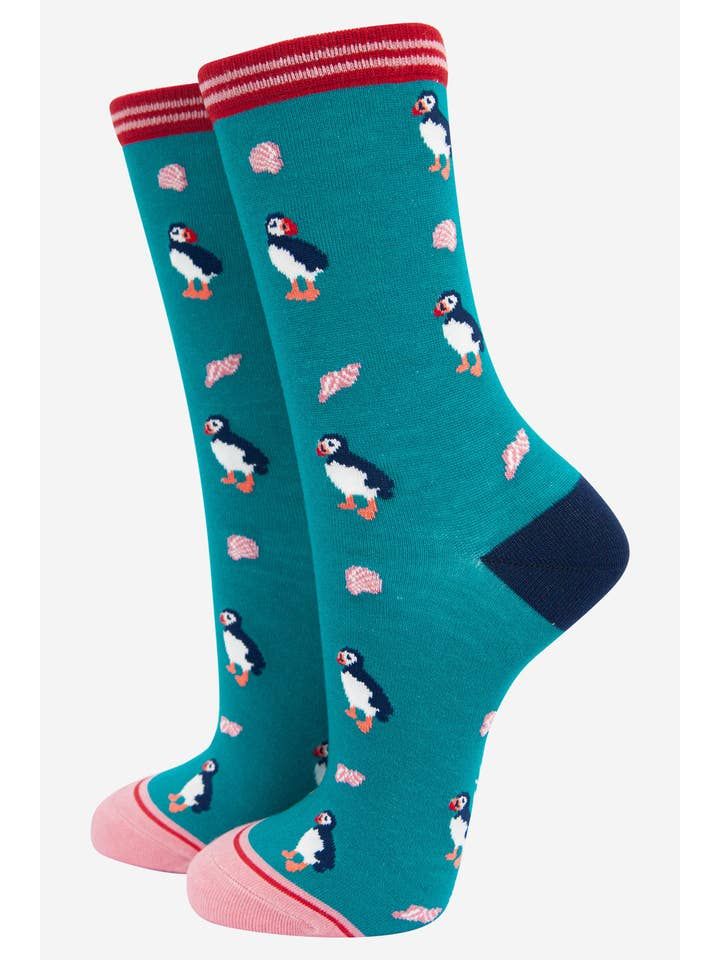 Women&#39;s Puffin Bamboo Socks - Turquoise (Size 3-7)