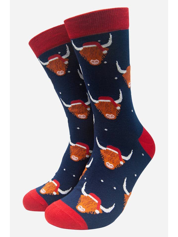 Men&#39;s Christmas Highland Cow Bamboo Socks - Navy (Size 7-11)