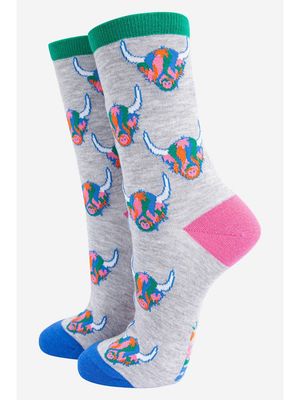 Women&#39;s Highland Cow Bamboo Socks - Grey (Size 3-7)