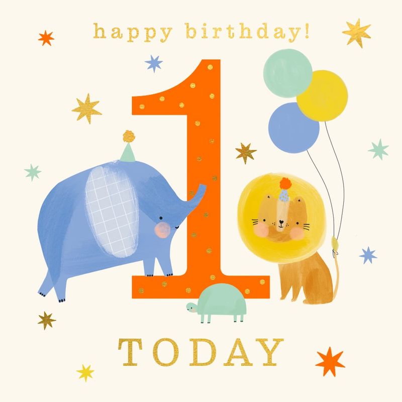 1st Birthday Elephant And Lion Card
