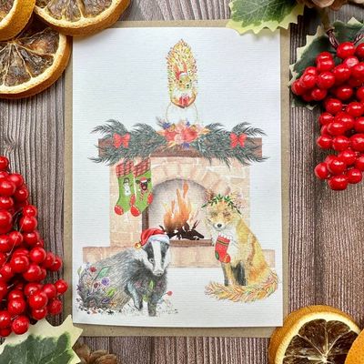 Christmas Fireplace Woodland Animals Card