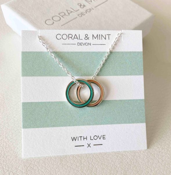 Double Eternity Necklace - Turquoise &amp; Coral Enamel Charms