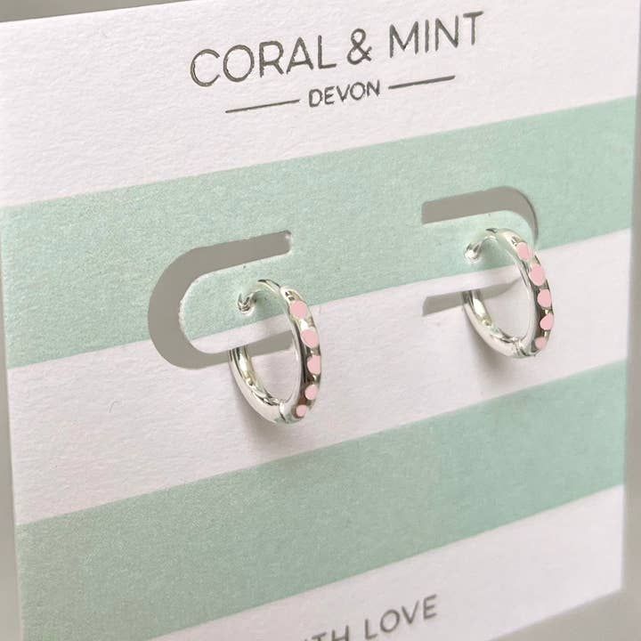 Silver Huggie Earrings With Pink Enamel