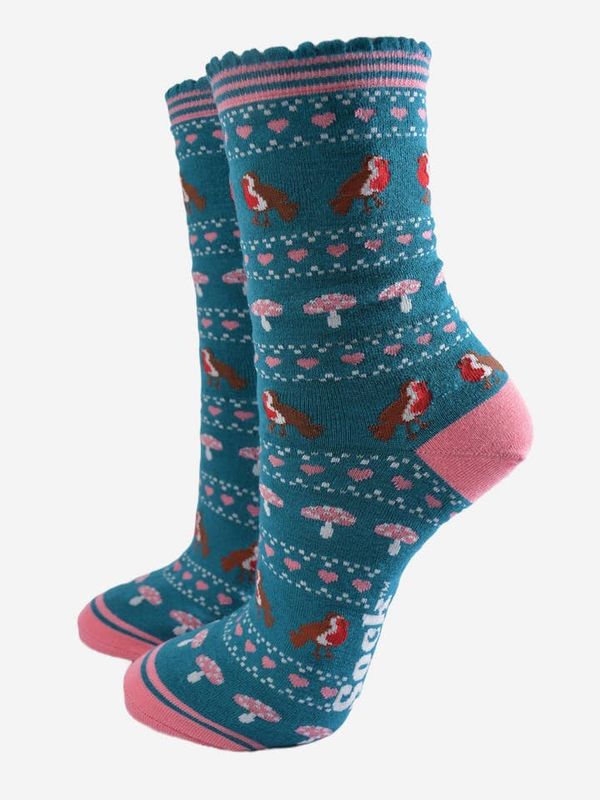 Women's Christmas Robin Bamboo Socks - Teal (Size3-7)