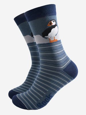 Men&#39;s Puffin Stripe Bamboo Socks Teal (Size 7-11)