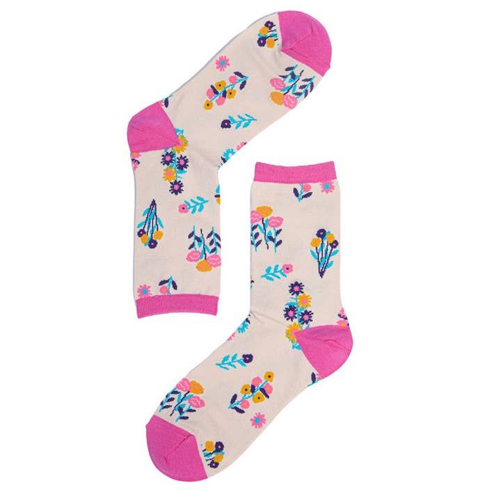 Women&#39;s Flowers Bamboo Socks - Cream (Size3-7)